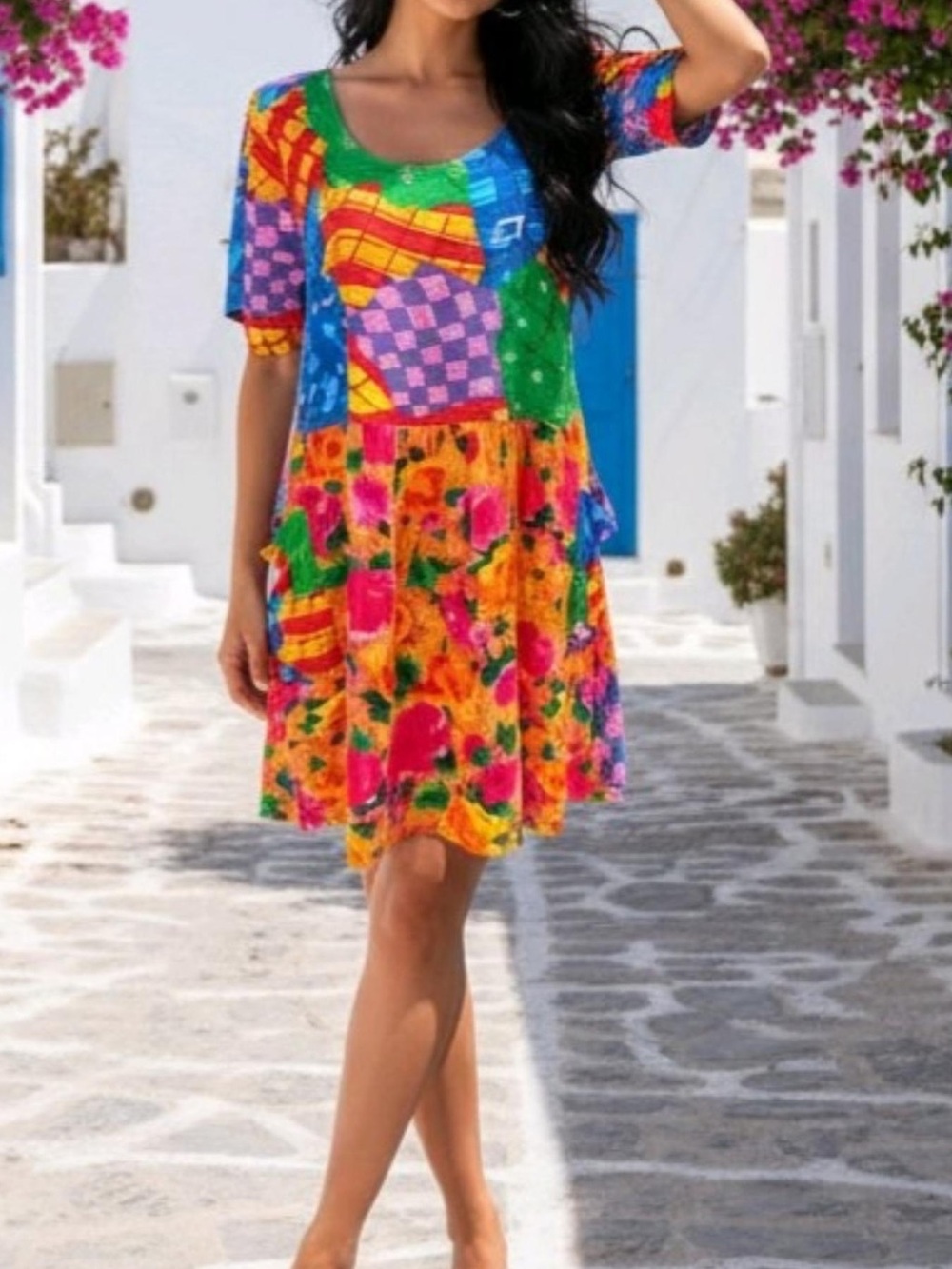 Vintage Jams World 80s Floral Short Sleeve Mini Dress Size XL Hawaiian Vibrant